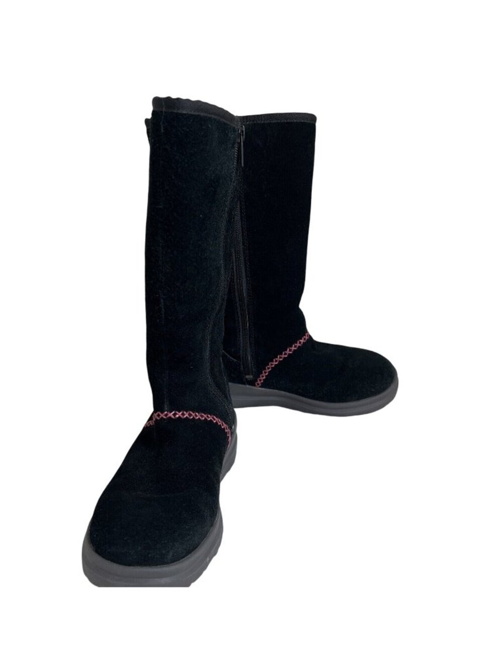 I Love UGG Black Suede Mid-Calf Boots Pink Stitching Side Zipper Women Size 4